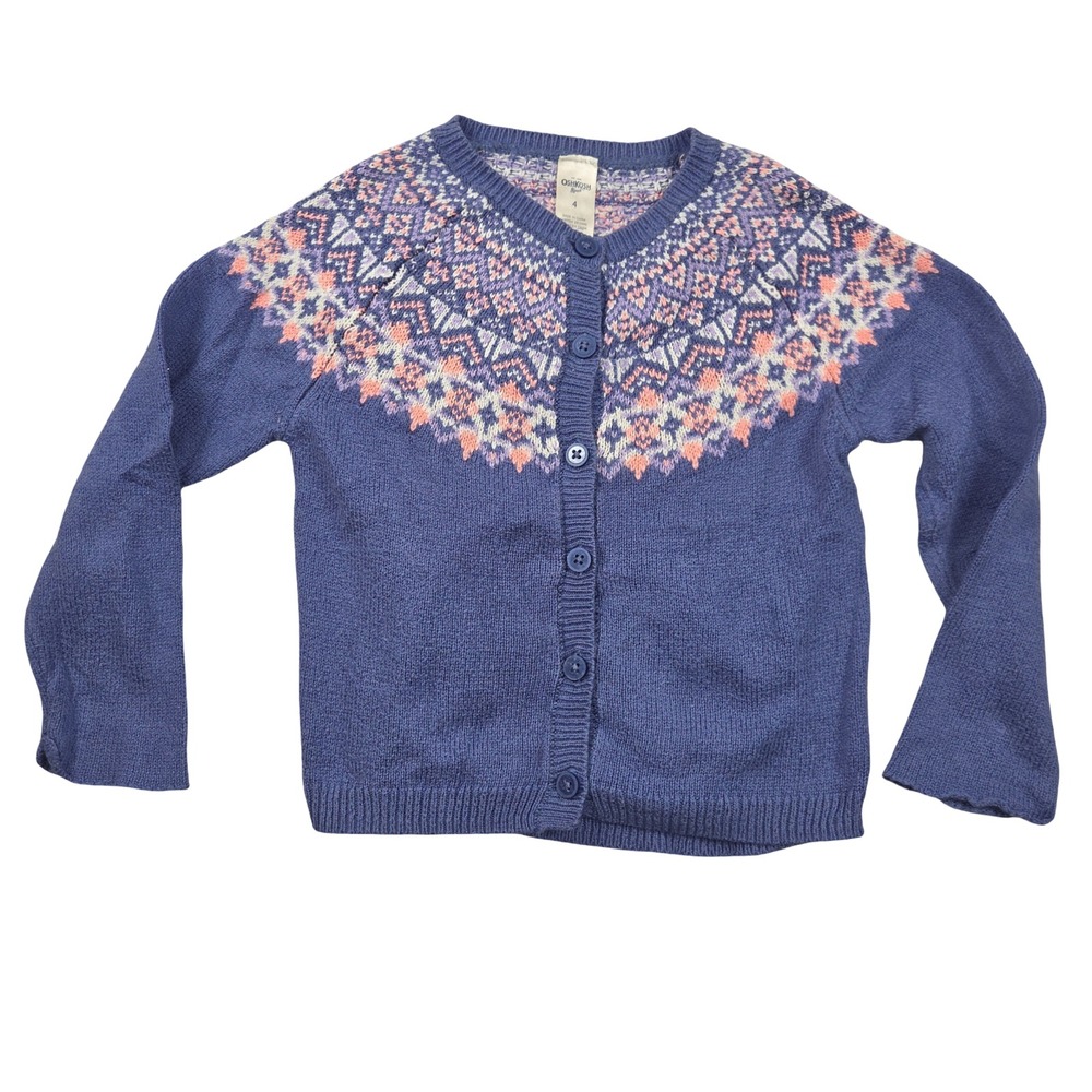 OshKosh Bgosh Girls Blue Fair Isle Knit Button Front Cardigan Sweater Size 4